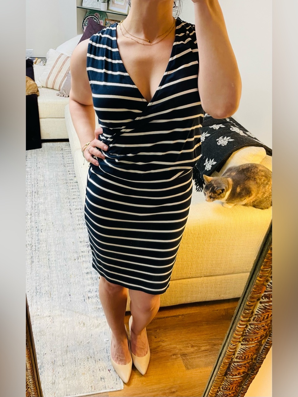 NWOT Ann Taylor navy and white striped knee length dress with draped wrap dress